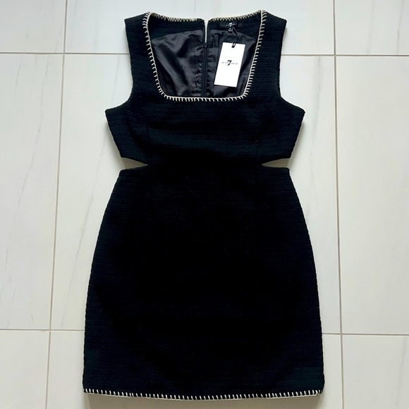 NWT 7 For All Mankind Black Tweed Dress with White Stitching and Cutouts Size S - Picture 2 of 6